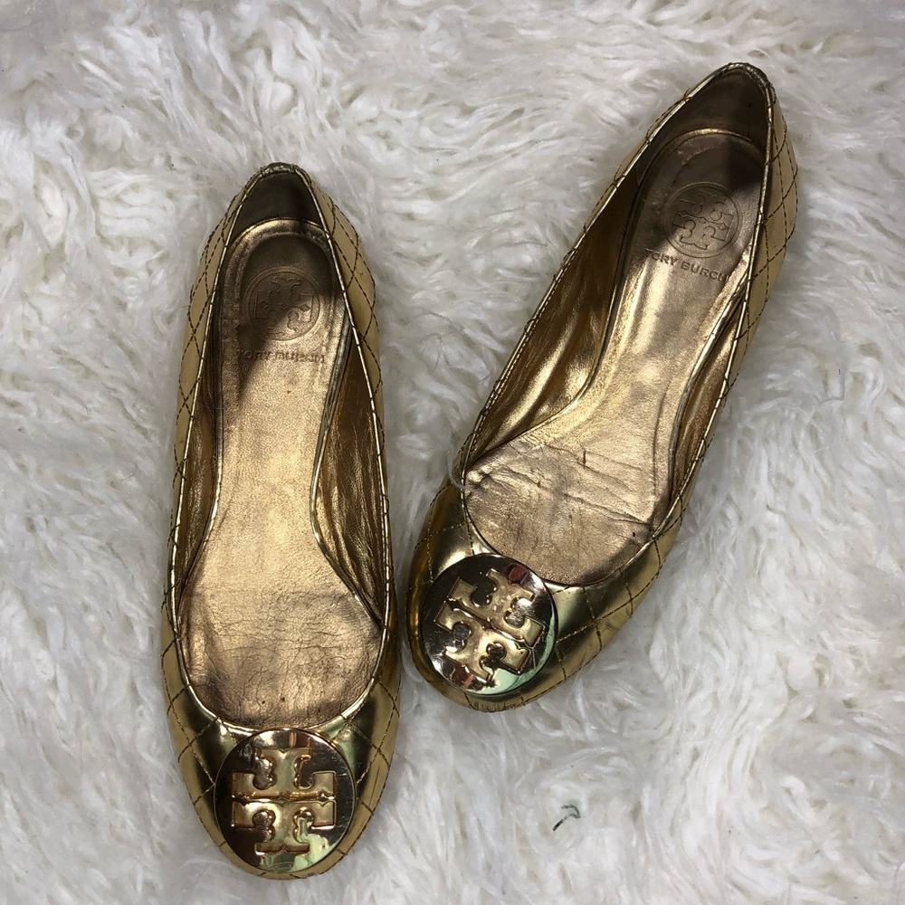 Tory Burch Reva Gold Quilted Ballet Flats